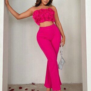 Pink Casual Womens Pleated Ruffle Strapless Red Pink Bandeau Top And Flare Pants